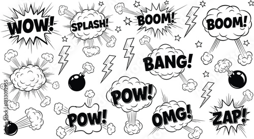 Comic Book Explosion Sound Effects with Boom Bang Pow Wow Zap Vector Illustration Set
