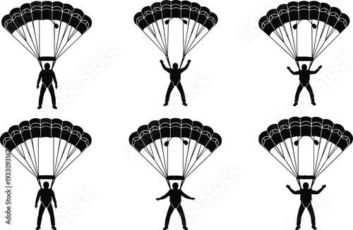 Skydiver parachute silhouette collection, extreme sports jumping and skydiving set, professional paragliding and aerial flight icons isolated on white background.