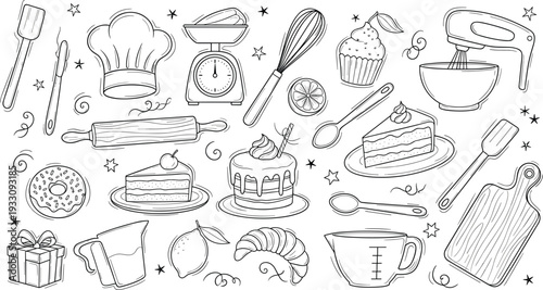 Hand Drawn Bakery and Kitchen Utensils Set with Cake Cupcake Mixer Rolling Pin Vector Illustration