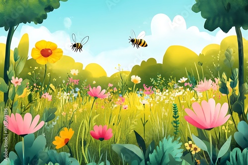 A vibrant meadow with bees buzzing among tall flowering plants and fresh green grass 