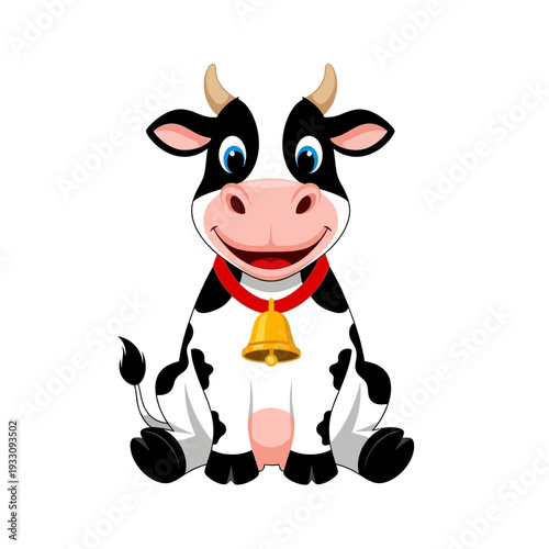 Cute cartoon cow with a red collar and gold bell sitting
