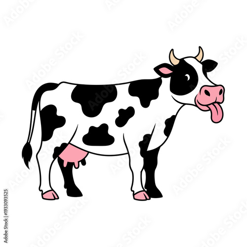 A cartoon cow with black spots and pink tongue sticking out