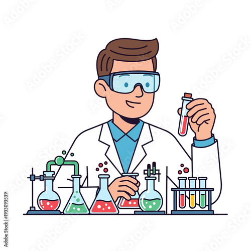 Scientist in Lab Coat Conducting Chemical Experiment with Beakers and Test Tubes