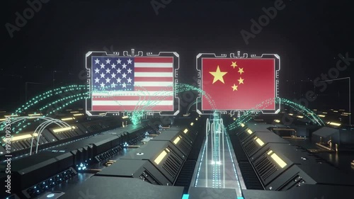 Futuristic Digital Interface with U S and China Flags Connected by Data Streams in Tech Environment