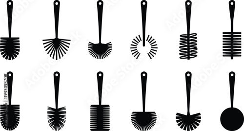 Silhouette cleaning brushes set, household tools collection, various brush designs, industrial cleaning equipment, hygiene products, bristle shapes, vector illustration