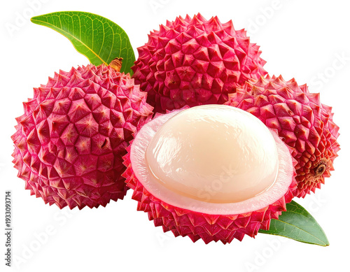 Vibrant pink lychee fruits, one peeled revealing translucent flesh