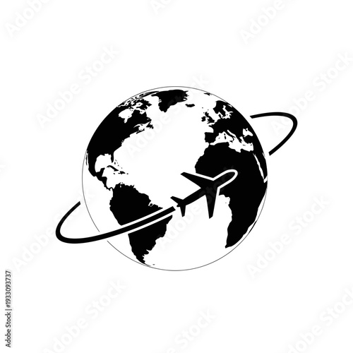 Black and white illustration of airplane flying around the globe
