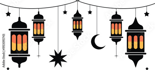 Festive Ramadan lantern silhouettes, crescent moon and stars vector illustration, Islamic cultural celebration design inspiration, traditional decorative ornament black icons
