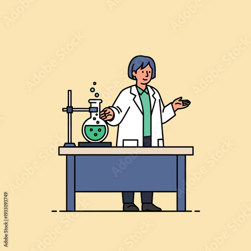 Scientist in lab coat demonstrates chemical reaction with bubbling flask on stand