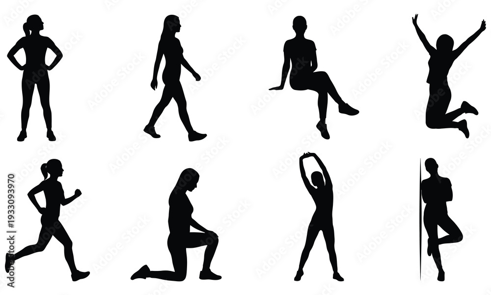 Fototapeta premium Woman Pose Silhouette Set Vector — Female Standing Walking Sitting Position Collection Black Isolated Clipart