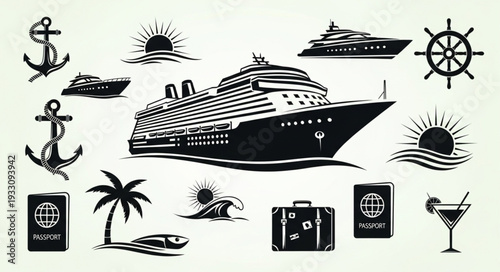 Cruise ship illustration showcasing maritime travel and vacation adventures on the ocean.