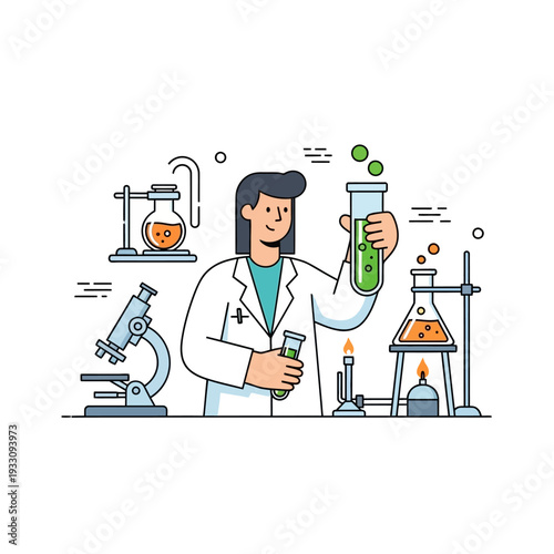 Scientist in Lab Coat Holding Test Tubes with Green Liquid, Microscope and Equipment
