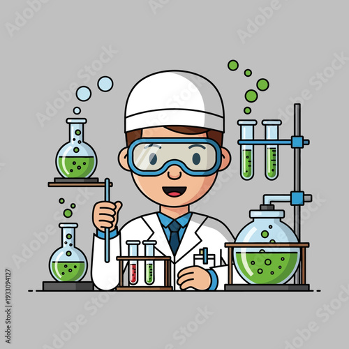 Scientist in lab coat and goggles conducting experiment with green liquid in beakers and test tubes