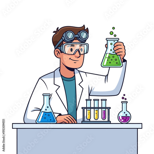 Scientist in Lab Coat and Goggles Holding Flask with Green Bubbling Liquid