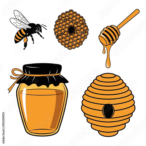 Collection of honey bee hive and honeycomb elements