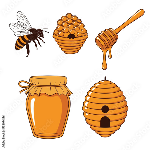 Collection of honey bee hive and honeycomb elements