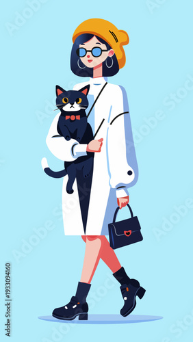 Full-length character. Vector isolated illustration. Flat character portrait. cat, girl, animal, pet, female, cute, happy, young, love, woman, black, domestic, beauty