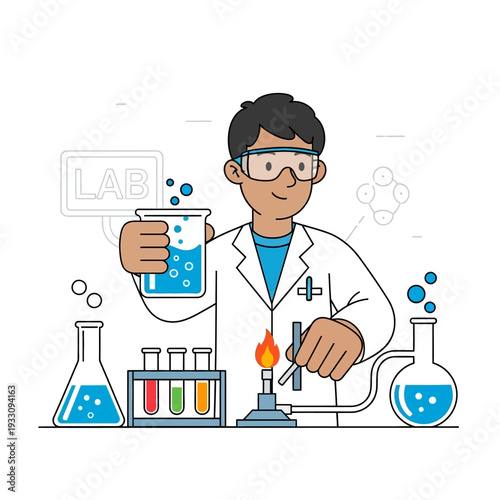 Scientist in lab coat and goggles conducts experiment with beaker and Bunsen burner