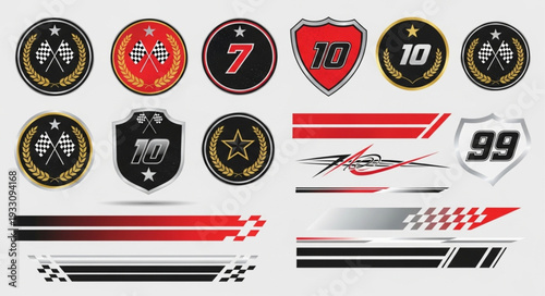 Collection of racing emblems and vehicle decals for automotive design.