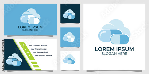 Modern vector logo design combining cloud technology with pharmaceutical pills, symbolizing innovative digital healthcare solutions, online medical services, and secure health data management systems