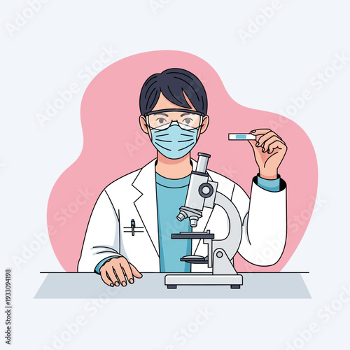 Scientist in Lab Coat and Mask Examines Slide Under Microscope for Research