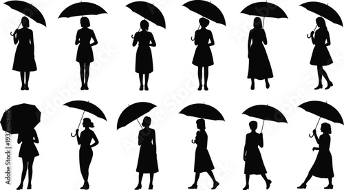 Silhouette women holding umbrellas, fashion posture illustration, rainy day vector, umbrella poses, lifestyle concept, artistic design, shadow figure, gesture art