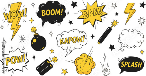 Comic Book Explosion Elements with Boom Wow Bang Pow Speech Bubbles Vector Illustration Set