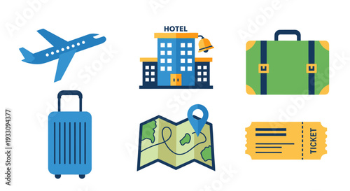 Travel Icons Set with Luggage and Map.