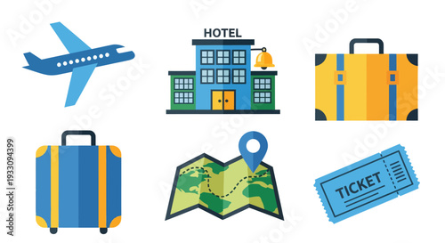 Travel Icons Set with Luggage and Ticket.