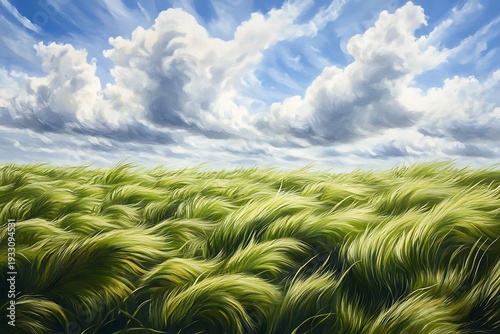 A windy afternoon in a green meadow with grass flowing like waves under a partly cloudy sky 