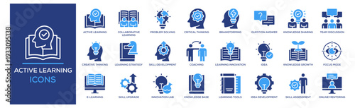 Active Learning icon set. Containing design Active Learning, Collaborative Learning, Problem Solving, Critical Thinking, Brainstorming. Solid icon collection.