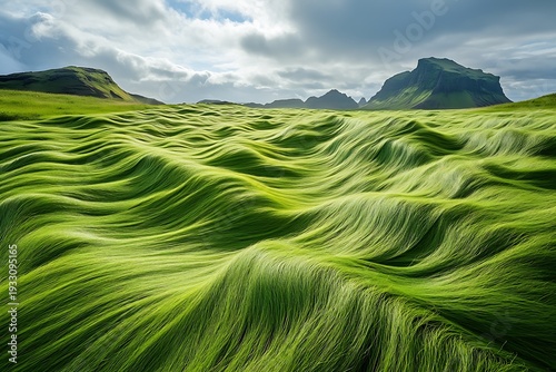 A windy afternoon in a green meadow with grass flowing like waves under a partly cloudy sky 