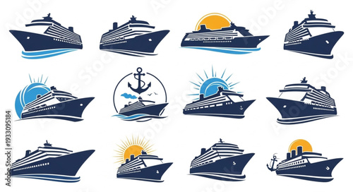 Collection of various cruise ship illustrations showcasing maritime travel and tourism concepts.