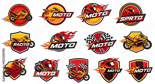 Dynamic motorcycle racing logos with flames and checkered flags, perfect for speed enthusiasts.