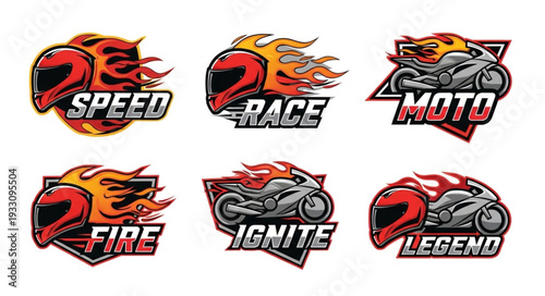Motorcycle racing logos with helmets and flames representing speed and competition.