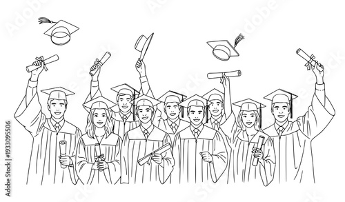 Minimal graduation ceremony line art vector illustration