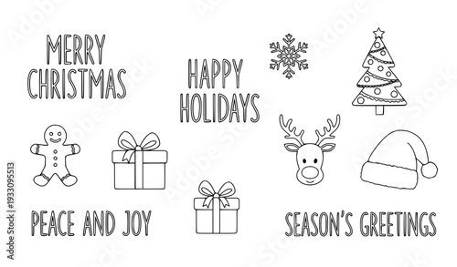 Minimal Christmas greetings hand lettering line art vector set