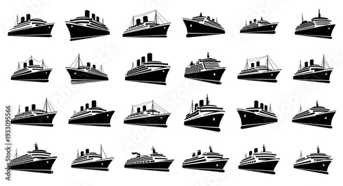 Collection of various black and white cruise ship illustrations, perfect for travel and maritime themes.