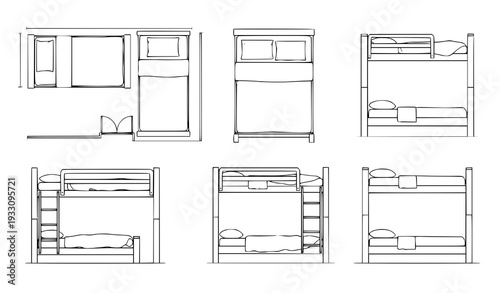 Architectural beds set vector illustration plan and elevation views