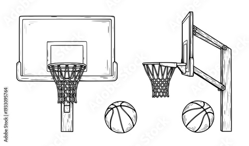 Basketball backboard hoop net and ball vector illustration front and side view
