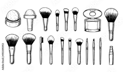 Varied set of makeup brushes hand drawn vector illustration