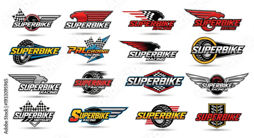 Collection of dynamic motorcycle logos with racing elements and speed effects for branding.