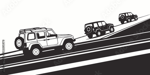 A row of cars driving on a winding road in a black and white illustration Vector