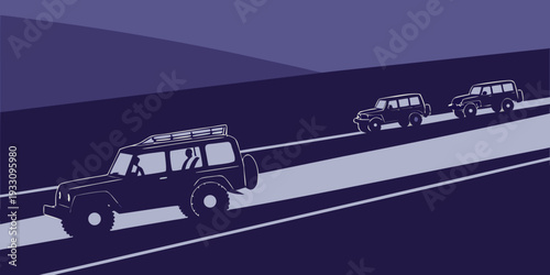 A group of vehicles traveling on a winding road at night Vector