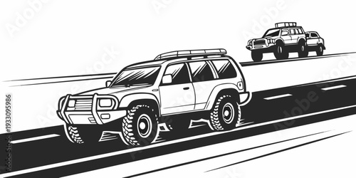 Two vehicles driving on a highway with a scenic mountain landscape in the background. Vector