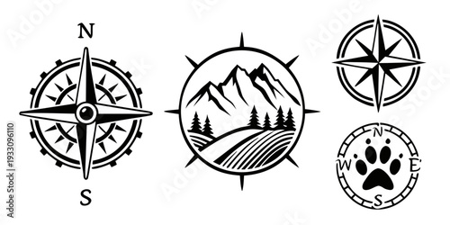 A collection of compasses and a paw print in a circular arrangement Vector