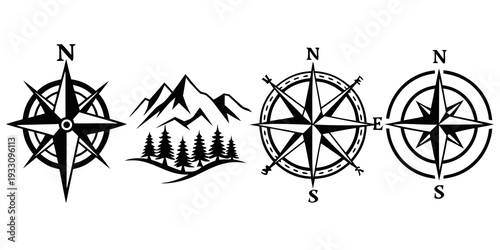 Four distinct symbols representing navigation, mountains, and compass directions Vector