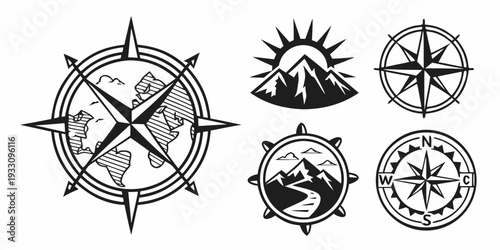 A collection of various compass designs and symbols used for navigation and orientation Vector