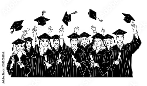 Graduation ceremony diverse graduates hand drawn vector illustration