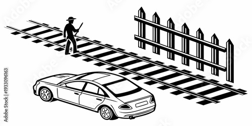 A person walking a dog near a parked car and a fence in a residential area. Vector